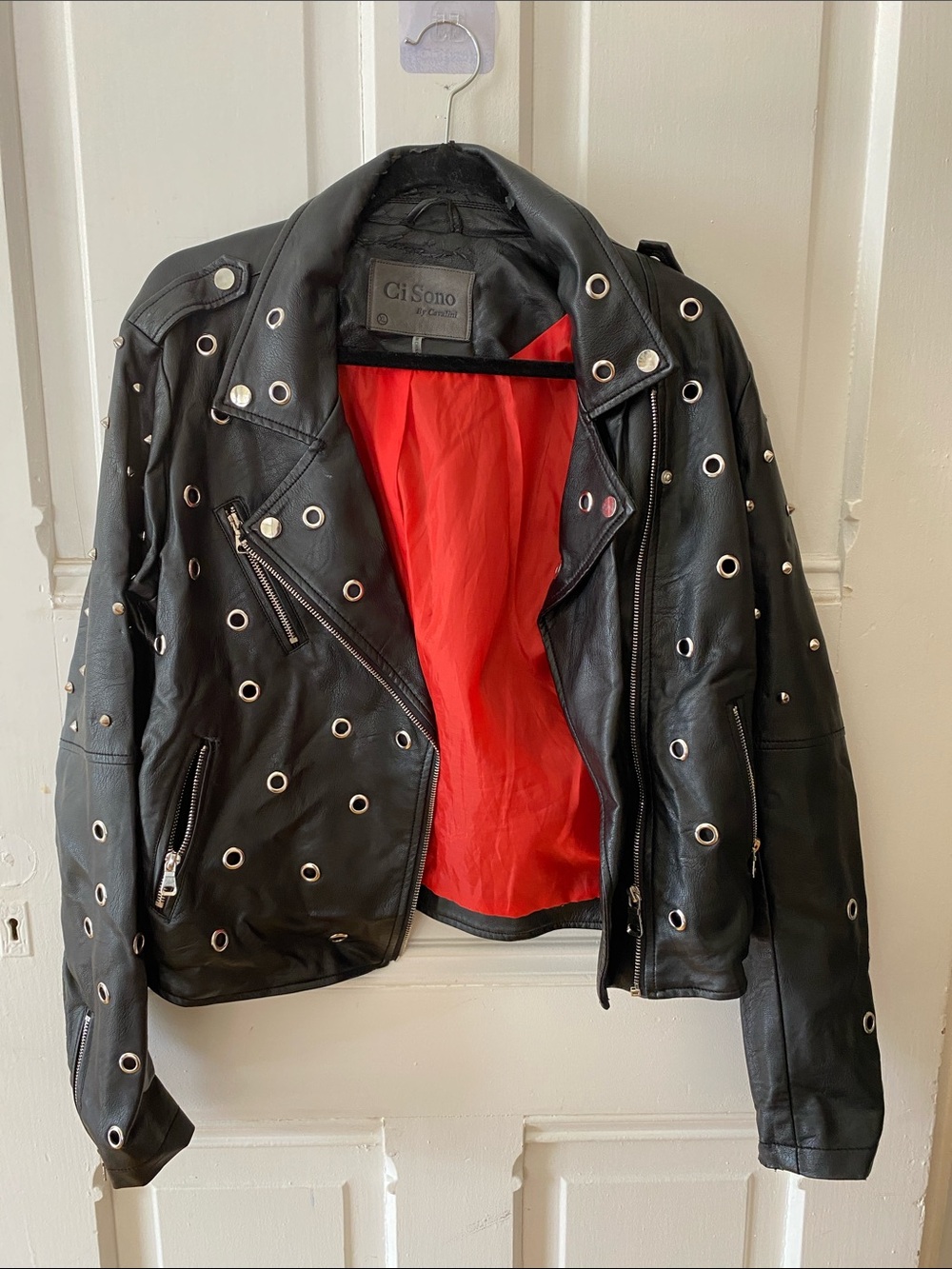 Ci Sono Black Leather Moto Jacket with Red Lining and Eyelet Details
